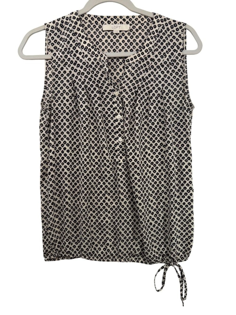 Loft Women Top Sz XS Black/Off-White Geometric Print Slvless Tie-Waist BizCasual